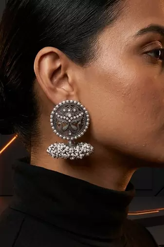 Oxidized silver peacock motif statement earrings with white pearl cluster drops