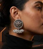 Oxidized silver peacock motif statement earrings with white pearl cluster drops