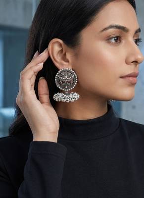 Oxidized silver peacock motif statement earrings with white pearl cluster drops 2