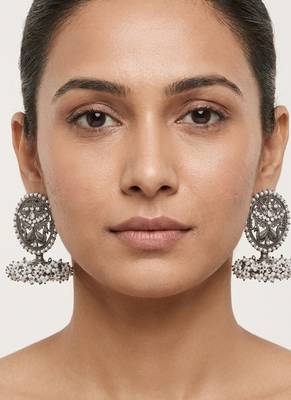 Oxidized silver peacock motif statement earrings with white pearl cluster drops 3