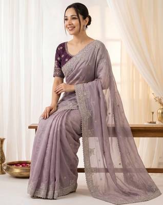 Lavender Color embroidery And sequences work Satin Saree 1