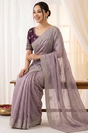 Lavender Color embroidery And sequences work Satin Saree