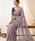 Lavender Color embroidery And sequences work Satin Saree