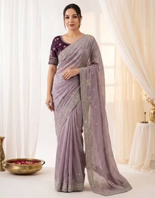 Lavender Color embroidery And sequences work Satin Saree 2