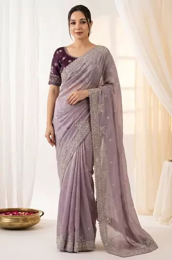 Lavender Color embroidery And sequences work Satin Saree