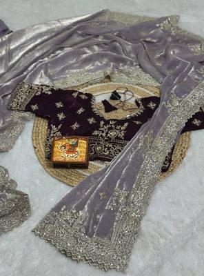 Lavender Color embroidery And sequences work Satin Saree 3