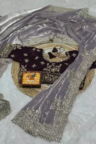 Lavender Color embroidery And sequences work Satin Saree