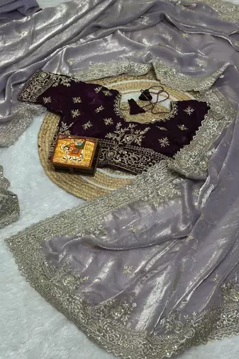 Lavender Color embroidery And sequences work Satin Saree