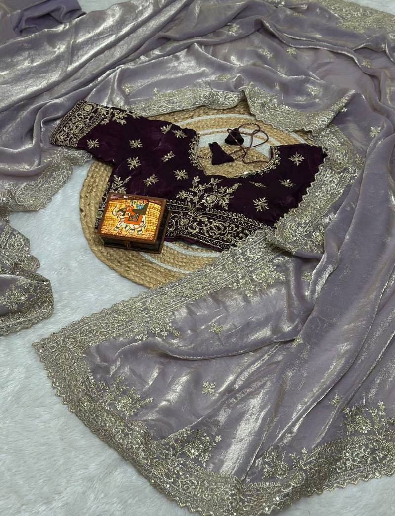 Lavender Color embroidery And sequences work Satin Saree