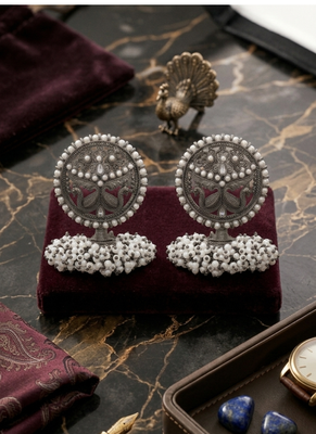 Oxidized silver peacock motif statement earrings with white pearl cluster drops 4