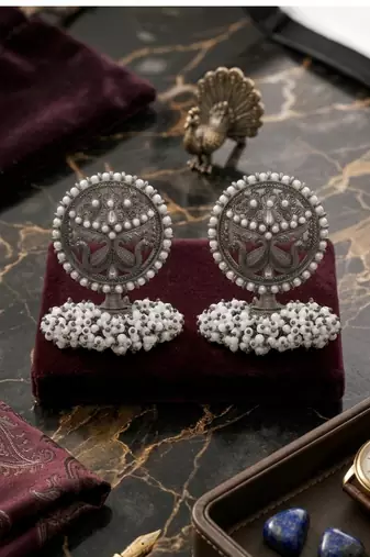 Oxidized silver peacock motif statement earrings with white pearl cluster drops