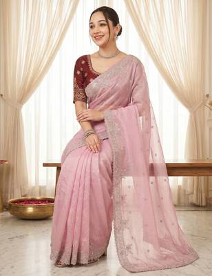pink Color embroidery And sequences work Satin Saree 1
