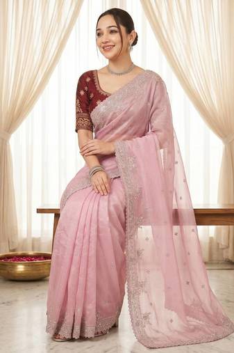 pink Color embroidery And sequences work Satin Saree