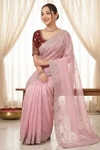 pink Color embroidery And sequences work Satin Saree