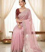 pink Color embroidery And sequences work Satin Saree