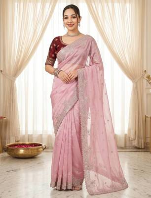 pink Color embroidery And sequences work Satin Saree 2