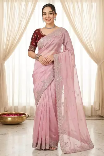 pink Color embroidery And sequences work Satin Saree