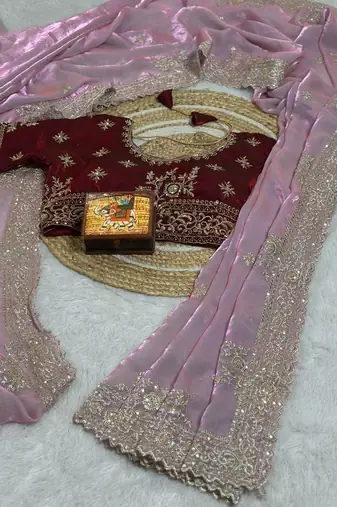 pink Color embroidery And sequences work Satin Saree