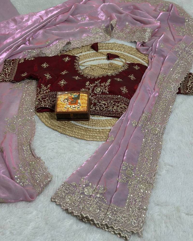 pink Color embroidery And sequences work Satin Saree