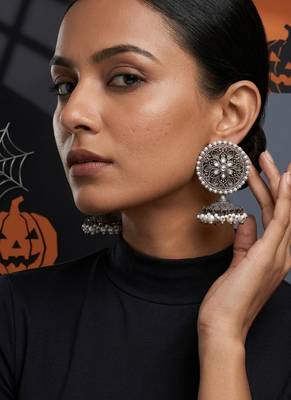 Oxidized flower silver  motif statement earrings with white pearl cluster drops 1