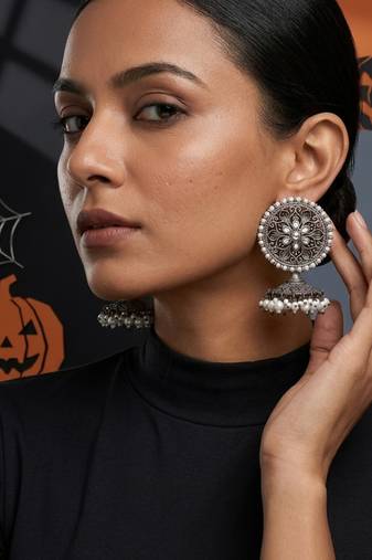 Oxidized flower silver  motif statement earrings with white pearl cluster drops