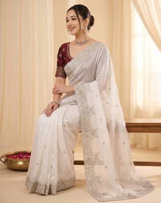 White Color embroidery And sequences work Satin Saree 1