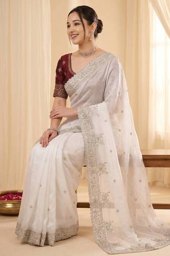 White Color embroidery And sequences work Satin Saree