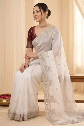 White Color embroidery And sequences work Satin Saree