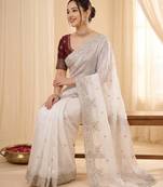 White Color embroidery And sequences work Satin Saree