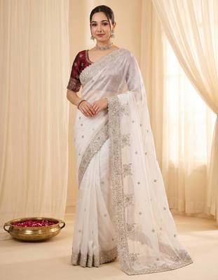 White Color embroidery And sequences work Satin Saree 2