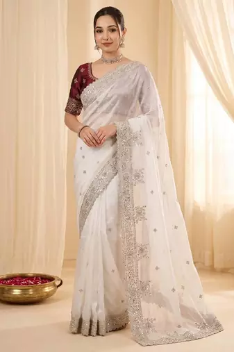 White Color embroidery And sequences work Satin Saree