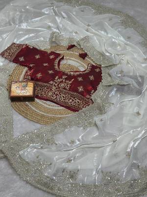 White Color embroidery And sequences work Satin Saree 3