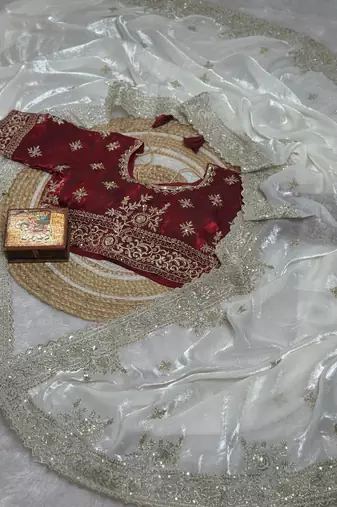 White Color embroidery And sequences work Satin Saree
