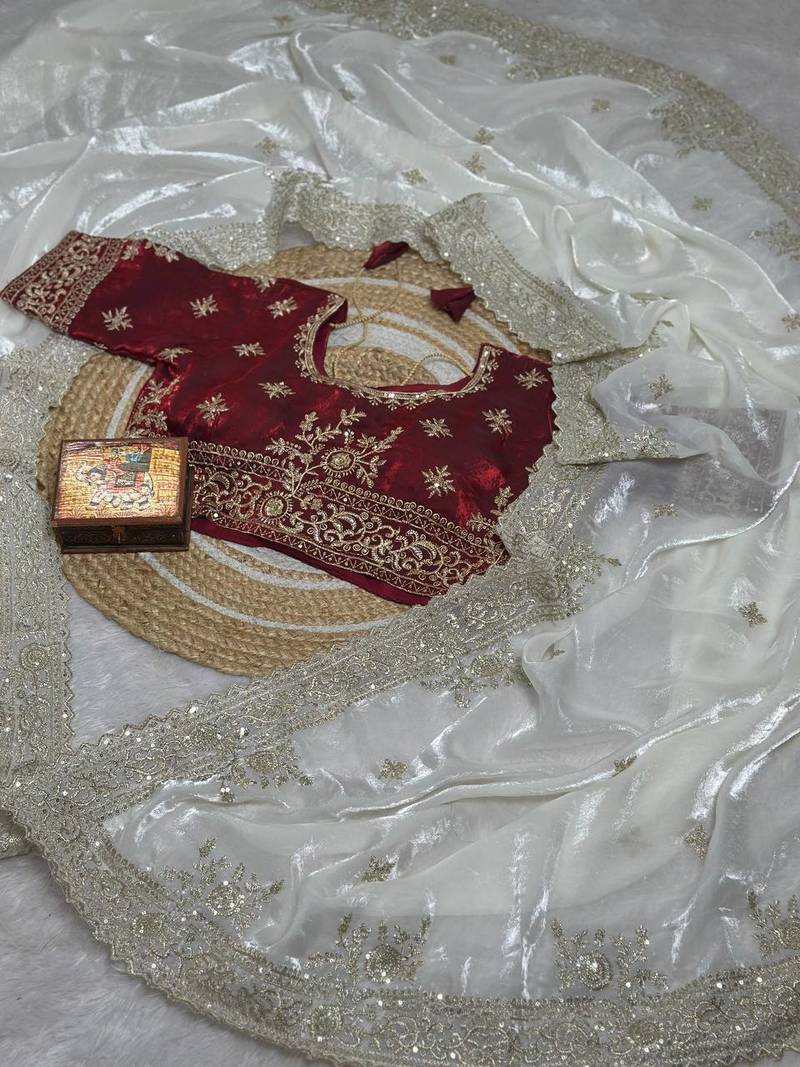 White Color embroidery And sequences work Satin Saree