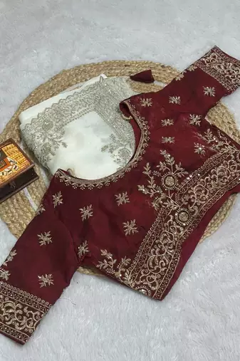 White Color embroidery And sequences work Satin Saree