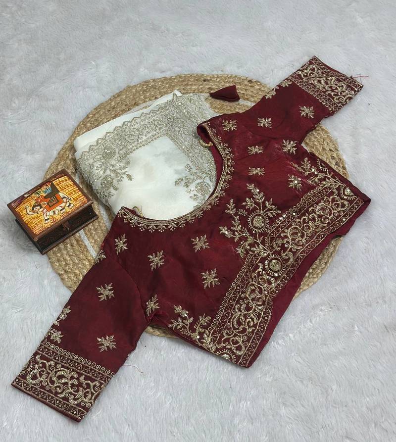 White Color embroidery And sequences work Satin Saree