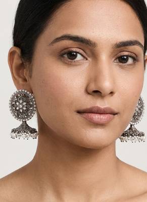 Oxidized flower silver  motif statement earrings with white pearl cluster drops 2