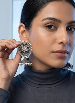 Oxidized flower silver  motif statement earrings with white pearl cluster drops 3