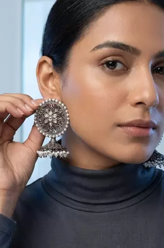 Oxidized flower silver  motif statement earrings with white pearl cluster drops