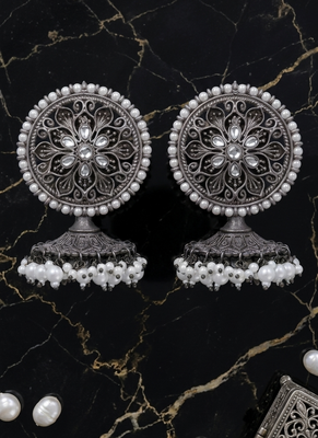 Oxidized flower silver  motif statement earrings with white pearl cluster drops 4