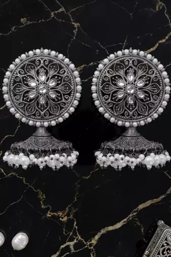 Oxidized flower silver  motif statement earrings with white pearl cluster drops