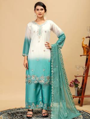Blue Color Front Embroidery Beads Work With Cut-work Padding Star Georgette Kurti Set 1