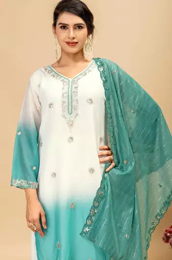 Blue Color Front Embroidery Beads Work With Cut-work Padding Star Georgette Kurti Set