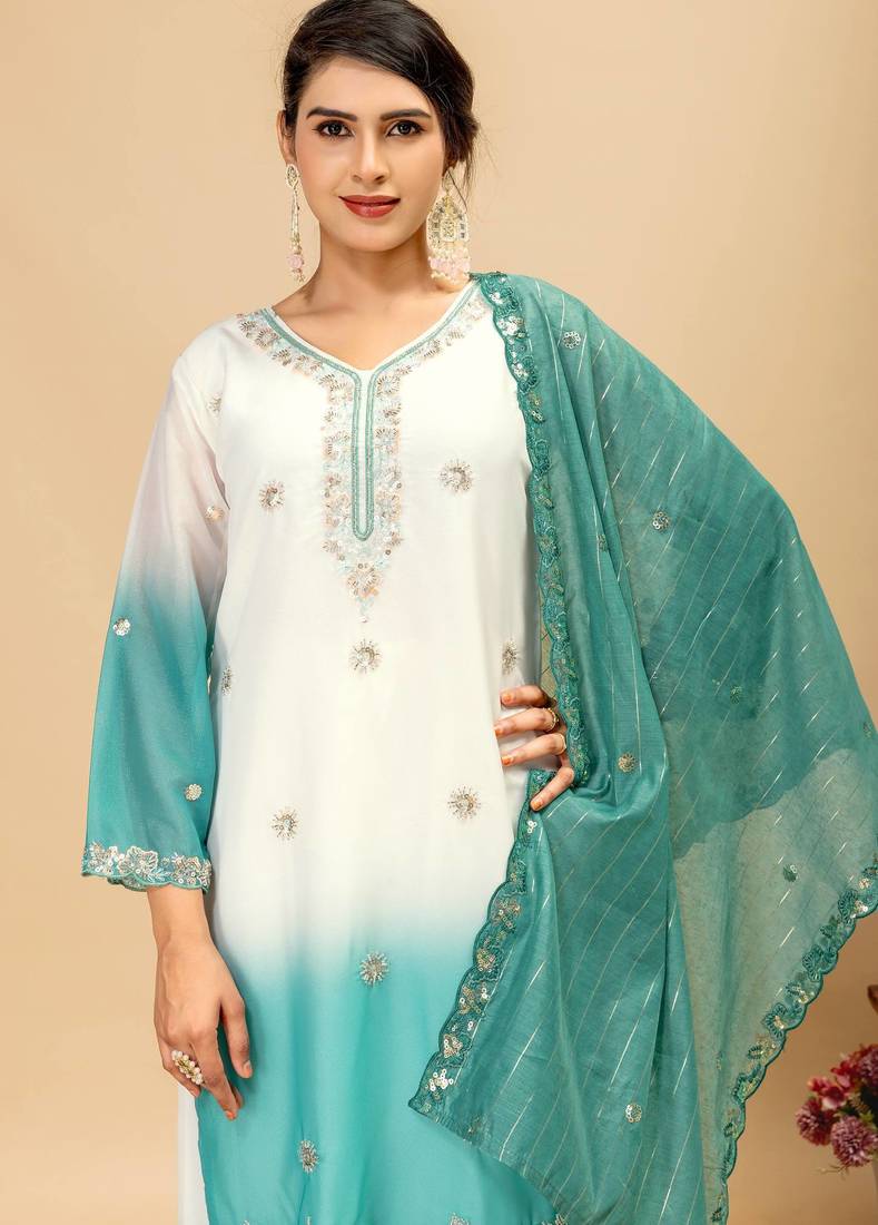Blue Color Front Embroidery Beads Work With Cut-work Padding Star Georgette Kurti Set