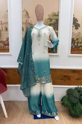 Blue Color Front Embroidery Beads Work With Cut-work Padding Star Georgette Kurti Set
