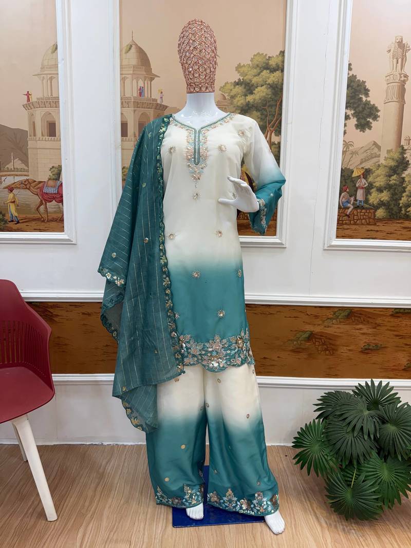 Blue Color Front Embroidery Beads Work With Cut-work Padding Star Georgette Kurti Set