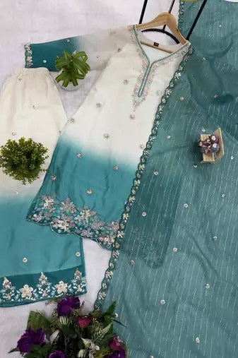 Blue Color Front Embroidery Beads Work With Cut-work Padding Star Georgette Kurti Set