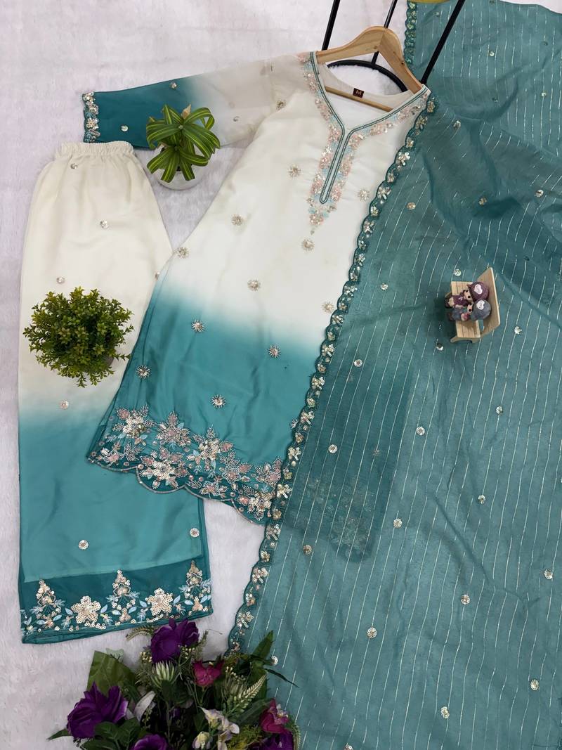 Blue Color Front Embroidery Beads Work With Cut-work Padding Star Georgette Kurti Set