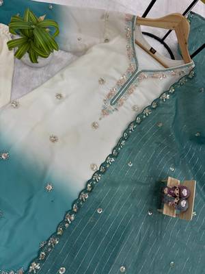 Blue Color Front Embroidery Beads Work With Cut-work Padding Star Georgette Kurti Set 5