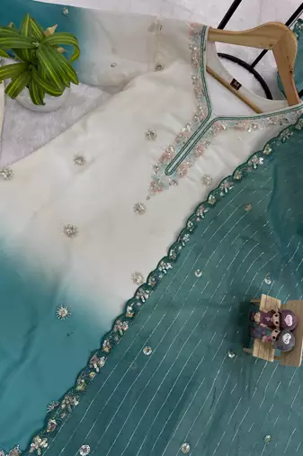 Blue Color Front Embroidery Beads Work With Cut-work Padding Star Georgette Kurti Set
